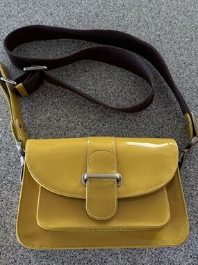 Glossy Yellow Patent Crossbody Bag with Brown Strap